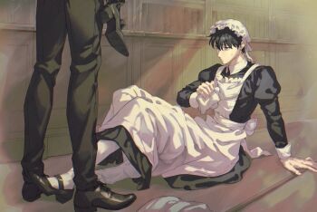 Rule 34 | 2boys, alternate costume, apron, backlighting, black dress, black hair, commentary, dress, enmaided, full body, holding, holding shoes, holding towel, holding unworn clothes, kim dokja, knees up, maid, maid apron, maid headdress, making board, male focus, multiple boys, omniscient reader's viewpoint, on ground, platform sandals, sandals, shoes, short hair, sitting, standing, symbol-only commentary, towel, unworn shoes, yoo joonghyuk