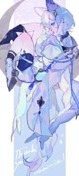 1boy animal_ears black_shorts blue_eyes boots coat commentary_request commission fox_boy fox_ears full_body highres looking_at_viewer male_focus on_crescent open_mouth original profile shinjitsu_no_kuchi short_hair shorts skeb_commission sleeves_past_fingers sleeves_past_wrists smile solo white_boots white_coat white_hair