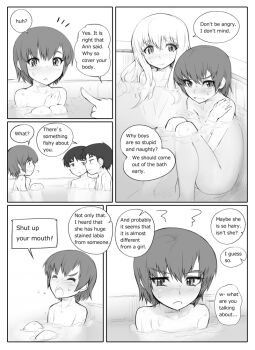 2boys 2girls abubu bathing blush closed_eyes covering_privates english english_text engrish loli long_hair monochrome multiple_boys multiple_girls nude original ranguage short_hair shota unfinished