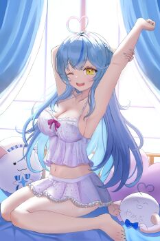 1girl absurdres ahoge arm_up armpits bare_shoulders barefoot bed blue_hair blush breasts camisole cleavage collarbone commentary_request elf feet hair_between_eyes hair_ornament heart heart_ahoge highres hololive indoors isk05325 large_breasts long_hair nail_polish navel official_alternate_costume on_bed one_eye_closed open_mouth pointy_ears polka_dot polka_dot_camisole polka_dot_skirt sitting skirt sleepwear solo stomach teeth toenail_polish toenails toes upper_teeth_only virtual_youtuber waking_up wariza white_camisole white_skirt yellow_eyes yukihana_lamy yukihana_lamy_(roomwear) yukimin_(yukihana_lamy)