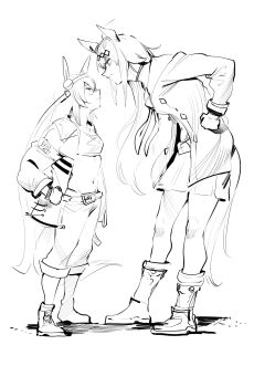 2girls absurdres animal_ears belt boots closed_mouth dragon_ball eye_contact face-to-face from_above full_body hand_on_own_hip headband height_difference highres horse_ears horse_girl horse_tail jacket leaning_forward legs_apart long_hair long_sleeves looking_at_another miniskirt monochrome multiple_girls navel niwarhythm oguri_cap_(starlight_beat)_(umamusume) oguri_cap_(umamusume) open_clothes open_jacket pants parody shoes sketch skirt sports_bra standing stomach tail tamamo_cross_(umamusume) tamamo_cross_(with_lightning_speed)_(umamusume) umamusume very_long_hair