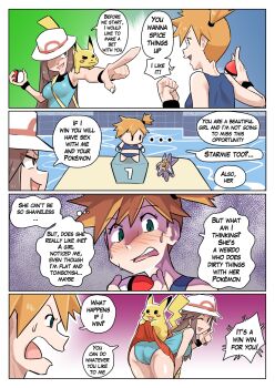 1boy 1other 2girls animal_ears ass blue_shirt blush breasts brown_hair bucket_hat commentary english_commentary gen_1_pokemon hat highres holding holding_poke_ball indoors leaf_(pokemon) long_hair misty_(pokemon) multiple_girls nintendo one_eye_closed open_mouth orange_hair panties pikachu pikachu_ears poke_ball poke_ball_(basic) pokemon pokemon_(creature) pokemon_frlg pool porkpie_hat red_skirt shirt short_hair side_ponytail skirt sleeveless sleeveless_shirt speech_bubble starmie swimsuit ukaya_masaru underwear water white_hat wristband