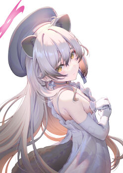 1girl animal_ear_fluff animal_ears bare_shoulders bell blue_archive blush breasts choker closed_mouth collarbone commentary dress earrings elbow_gloves extra_ears floating_hair from_behind from_side gloves gradient_hair hair_between_eyes halo hat head_tilt highres jewelry jingle_bell long_hair looking_at_viewer michiru_(blue_archive) michiru_(dress)_(blue_archive) multicolored_hair official_alternate_costume own_hands_together pinakes pink_halo print_dress raccoon_ears raccoon_girl raccoon_tail shuriken_earrings sidelocks simple_background small_breasts solo tail turning_head very_long_hair white_background white_choker white_dress white_hair yellow_eyes