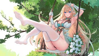 1girl absurdres arm_up armpits ass bare_shoulders blonde_hair blue_eyes breasts brown_leotard cleavage cleavage_cutout closed_mouth clothing_cutout copyright_request elf feet gloves gold_trim half_gloves hand_up highleg highleg_leotard highres ken-san large_breasts legs legs_up leotard long_hair looking_at_viewer navel navel_cutout no_shoes official_art on_swing pointy_ears revealing_clothes see-through_clothes sitting smile solo swing thighhighs thighs toes very_long_hair white_gloves white_thighhighs wrist_cuffs