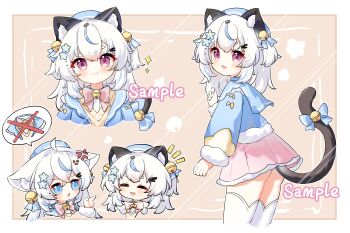 Rule 34 | 1girl, :3, absurdres, anger vein, animal ear fluff, animal ears, ass, bell, blue flower, blue hair, blue jacket, blue sailor collar, border, bow, bowtie, brown background, cat ears, cat girl, cat tail, chibi, chibi inset, commentary request, commission, fang, flower, fur-trimmed jacket, fur-trimmed skirt, fur trim, hair bell, hair flower, hair ornament, hairclip, highres, jacket, looking at viewer, medium hair, miniskirt, multicolored hair, multiple views, neck bell, notice lines, open mouth, original, parallel hairclips, pink bow, pink bowtie, pink eyes, pink skirt, sailor collar, simple background, skin fang, skirt, smile, spoken x, streaked hair, tail, thighhighs, tian yang, vest, watermark, watermark grid, white border, white hair, white thighhighs, yellow vest