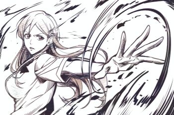 1girl absurdres bleach bow bowtie breasts brown_eyes collared_shirt commentary_request furrowed_brow greyscale hair_behind_ear hair_ornament highres inoue_orihime karakura_high_school_uniform korean_commentary large_breasts long_hair monochrome motion_lines n_(nauki_11) outstretched_hand parted_lips school_uniform shirt short_sleeves snowflake_hair_ornament solo straight_hair upper_body white_shirt