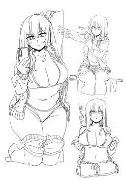 Rule 34 | arm up, breasts, dolphin shorts, durindana 7, holding, holding phone, kneeling, large breasts, lineart, long hair, midriff, original, phone, rina (durindana 7), shorts, sitting, tagme, unzipped, very long hair, white background
