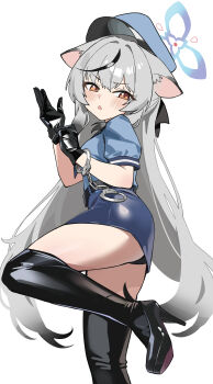 1girl absurdres adjusting_clothes adjusting_gloves animal_ears belt black_belt black_boots black_gloves black_hair black_panties blue_archive blue_halo blue_shirt blue_skirt blush boots brown_eyes chinese_commentary commentary cuffs from_side gloves grey_hair halo handcuffs hat high_heel_boots high_heels highres kaminari_(edeath) kokona_(blue_archive) long_hair looking_at_viewer miniskirt multicolored_hair open_mouth panties pantyshot peaked_cap pencil_skirt police police_hat police_uniform policewoman puffy_short_sleeves puffy_sleeves shirt short_sleeves simple_background skirt small_sweatdrop solo standing standing_on_one_leg streaked_hair thigh_boots tiger_ears tiger_girl underwear v-shaped_eyebrows very_long_hair white_background