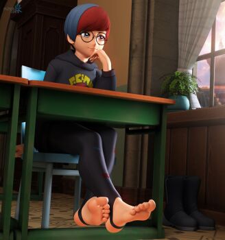 1girl 3d blue_hair chair closed_mouth commentary desk english_commentary feet finuraarts glasses grey_eyes highres hood hoodie indoors long_sleeves multicolored_hair nintendo on_chair pantyhose penny_(pokemon) pokemon pokemon_sv red_hair round_eyewear school_desk short_hair solo stirrup_legwear toeless_legwear toes two-tone_hair