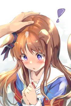 ! 1girl 1other :o absurdres animal_ears blue_bow blue_dress blue_eyes blush bow brown_hair commentary_request dress ear_bow grass_wonder_(stone-piercing_blue)_(umamusume) grass_wonder_(umamusume) hand_on_another&#039;s_head headpat highres horse_ears horse_girl horse_tail long_hair long_sleeves sailor_collar solo_focus tail umamusume upper_body uu-tan_(hushigi10) white_background white_sailor_collar