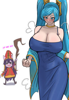 2girls alternate_costume animal_ears annoyed arm_at_side arm_up arms_at_sides bare_shoulders blue_dress blue_eyes blue_hair blue_robe blush breasts chibi cleavage clenched_teeth collarbone colored_skin covered_erect_nipples covered_navel dot_nose downturned_eyes dress embarrassed english_text eyelashes feet_out_of_frame female_focus hat huge_breasts league_of_legends long_hair long_sleeves looking_at_breasts looking_down lulu_(league_of_legends) matching_hair/eyes multiple_girls open_mouth outstretched_arm parted_lips purple_hair purple_skin red_dress red_hat robe robe_partially_removed simple_background smile solo_focus sona_(league_of_legends) spaghetti_strap standing surprised teeth tight_clothes tight_dress ting0816 twintails two-tone_dress variant_set very_long_hair white_background yellow_dress yellow_hat yordle