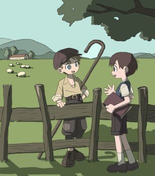 2boys animal aoomuke belt blue_eyes blue_sky blue_vest book brown_hair child collared_shirt fence grass highres holding holding_book house multiple_boys original rural sheep shepherd&#039;s_crook shirt short_hair sky sleeves_rolled_up tree vest wooden_fence
