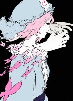 1girl asuzemu black_background blue_kimono bug butterfly closed_eyes closed_mouth expressionless from_side hashtag-only_commentary hat insect japanese_clothes kimono long_sleeves medium_hair mob_cap pink_hair saigyouji_yuyuko solo touhou triangular_headpiece upper_body veil