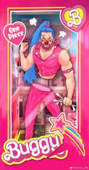 1boy angry arm_strap barbie_(franchise) bird blue_eyes blue_hair border box buggy_the_clown character_name clenched_hand clown_nose copyright_name embarrassed eyelashes facepaint facial_hair flamingo goatee highres holding in_box in_container long_hair male_focus midriff one_piece pants pectoral_cleavage pectorals pink_border pink_nails pink_pants solo vamos_mk