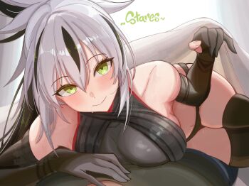 Rule 34 | 0nineo9, 1boy, 1girl, absurdres, bare shoulders, bed sheet, black hair, blush, breasts, commentary, commission, english commentary, english text, fate/grand order, fate (series), fujimaru ritsuka (male), green eyes, hair between eyes, high ponytail, highres, large breasts, long hair, looking at viewer, lying, multicolored hair, nagao kagetora (fate), ponytail, sidelocks, smile, thighs, two-tone hair, uesugi kenshin (first ascension) (fate), very long hair, white hair