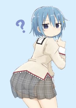 1girl :/ ? ass black_skirt blue_background blue_eyes blue_hair closed_mouth cowboy_shot female_focus from_behind grey_shirt hair_ornament hairclip hand_up juliet_sleeves leaning_forward long_sleeves looking_at_viewer looking_back mahou_shoujo_madoka_magica mahou_shoujo_madoka_magica_(anime) miki_sayaka miniskirt panties plaid_clothes plaid_skirt pleated_skirt pocket ponnu_(tnpn2yw) puffy_sleeves school_uniform shirt short_hair sidelocks simple_background skirt solo standing underwear white_panties x-ray