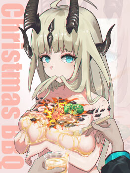 1girl aqua_eyes arknights blonde_hair breasts broccoli commentary_request cooking covering_privates food food_on_body food_on_breasts hhran highres horns large_breasts nude nude_cover nyotaimori reed_(arknights) sausage