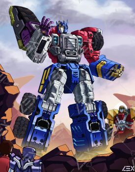 1girl absurdres alexis_(transformers) artist_name autobot blue_eyes brown_hair clenched_hand cloud collared_shirt commentary commission english_commentary fusion glowing glowing_eyes high_wire_(transformers) highres hot_shot_(transformers) lextodrawstuff looking_to_the_side mecha mecha_focus megatron optimus_prime red_shirt scene_reference shirt short_hair sky standing transformers transformers_(skybound) transformers_armada transformers_unicron_trilogy watermark