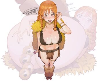 Rule 34 | 1girl, anal beads, ass, breasts, brown eyes, cape, censored, cleavage, crop top, e11e, english text, eyelashes, fur cape, fur leg warmers, highres, large breasts, leg warmers, lowleg, lowleg skirt, nami (one piece), nami (one piece) (elbaf), no panties, novelty censor, object insertion, one piece, orange hair, paid reward available, pelvic curtain, sex toy, skirt, solo, speech bubble