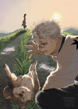 2boys black_hair black_jacket black_pants chayu_1612 closed_eyes demon_slayer_uniform dog fingernails full_body grass grey_hair hand_up haori high_collar highres jacket japanese_clothes katana kimetsu_no_yaiba long_hair low_ponytail lower_teeth_only male_focus multiple_boys open_mouth pants ponytail purple_eyes red_haori scar scar_on_face shinazugawa_sanemi short_hair smile spiked_hair squatting standing sun sword teeth tomioka_giyuu tongue tongue_out weapon