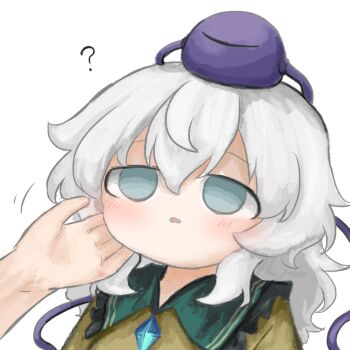 Rule 34 | 1girl, 1other, ?, blush, buttons, collared shirt, commentary request, contrast collar, diamond button, eyeball, frilled shirt collar, frills, green eyes, grey hair, hand on another's cheek, hand on another's face, heripantomorrow, komeiji koishi, long hair, missing headwear, open mouth, portrait, shirt, simple background, solo focus, third eye, touhou, white background, yellow shirt