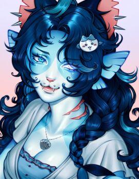 1girl aegyo_sal ahoge angelbite_(piercing) animal_ear_piercing animal_nose babybeetlekat blue_eyes blue_hair blue_shirt blue_skin blue_streaks braid breasts cat_girl character_hair_ornament cleavage closed_mouth collarbone colored_skin commentary commission english_commentary eyelashes eyes_visible_through_hair fins flipped_sidelocks framed_breasts frilled_shirt frilled_sleeves frills furry furry_female gills glint gradient_background hachiware_(chiikawa) hair_ornament hair_over_shoulder head_fins heterochromia highres jewelry light_smile lipgloss lips long_hair looking_ahead medium_breasts multicolored_hair multicolored_skin necklace notched_ear original parted_hair pink_background portrait procreate_(medium) purple_background red_trim shell shell_necklace shiny_skin shirt short_sleeves side_braid side_part silver_necklace slit_pupils sparkling_eyes spiked_ear_piercing streaked_hair two-tone_background two-tone_hair two-tone_shirt two-tone_skin v-neck very_long_hair wavy_hair white_eyes white_shirt white_skin