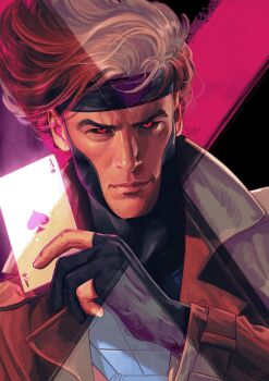 1boy artist_name black_background black_bodysuit black_gloves black_sclera bodysuit brown_hair brown_jacket card closed_mouth colored_sclera english_text fingernails gambit gloves grey_hair hand_up helmet highres holding holding_card jacket lapels lips long_sleeves looking_at_viewer male_focus marvel multicolored_hair open_clothes open_jacket partially_fingerless_gloves pink_background playing_card realistic red_eyes short_hair smile solo superhero_costume two-tone_background two-tone_hair upper_body uzuri_art x-men