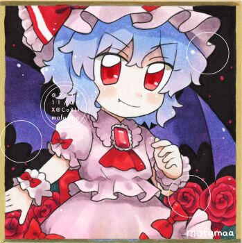 Rule 34 | 1girl, artist name, ascot, bat wings, blue hair, bow, closed mouth, collared shirt, commentary, dated, fang, fang out, flower, hat, highres, looking at viewer, maa (forsythia1729), mob cap, pink hat, pink shirt, pink skirt, puffy short sleeves, puffy sleeves, red ascot, red bow, red eyes, red flower, red rose, remilia scarlet, rose, shikishi, shirt, short sleeves, skirt, skirt bow, skirt set, sleeve bow, smile, solo, touhou, traditional media, watermark, wings, wrist cuffs