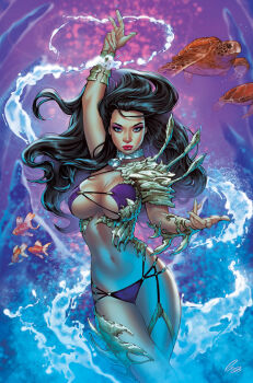 1girl aspen_matthews bikini black_hair blue_eyes bone_armor breasts elias_chatzoudis fathom_(comics) fish highres hydrokinesis large_breasts long_hair looking_at_viewer navel purple_bikini signature solo swimsuit turtle water