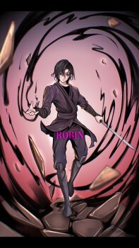 1boy absurdres black_eyes black_hair black_robe black_shirt black_tunic full_body highres holding holding_sword holding_weapon looking_at_viewer magic male_focus outstretched_hand robe robin871 serious shadow_slave shirt short_hair solo standing standing_on_one_leg sunny_(shadow_slave) sword tunic weapon