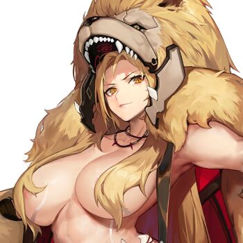 1girl areola_slip armpits blonde_hair body_markings breasts cape closed_mouth female_focus from_below fur_cape fur_hood game_cg hair_censor jam_(nandade) jewelry large_breasts last_origin lion_hood long_hair looking_at_viewer necklace nipples_covered official_art queen_of_mane slit_pupils smile toned toned_female topless_female transparent_background upper_body yellow_eyes