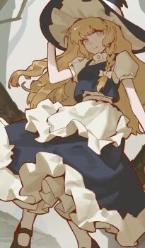 1girl apron black_hat black_skirt black_vest blonde_hair bow braid capybara_(trafficcone09) closed_mouth frilled_skirt frills hair_bow hat highres kirisame_marisa long_hair looking_at_viewer puffy_short_sleeves puffy_sleeves short_sleeves side_braid single_braid skirt smile socks solo touhou vest waist_apron white_apron white_bow white_socks witch_hat yellow_eyes