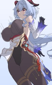 1girl bare_shoulders bell black_gloves blue_hair bodystocking bouncing_breasts breasts cameltoe chinese_knot commentary_request covered_erect_nipples detached_sleeves flower_knot ganyu_(genshin_impact) genshin_impact gloves goat_horns gold_trim hair_between_eyes hand_up highres horns large_breasts leotard leotard_under_clothes long_hair motion_lines neck_bell purple_eyes sidelocks solo vision_(genshin_impact) white_sleeves ynfkin