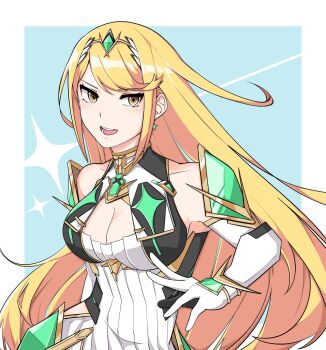 Rule 34 | 1girl, blonde hair, blue background, border, breasts, cleavage, cleavage cutout, clothing cutout, collarbone, commentary, floating hair, highres, large breasts, mythra (xenoblade), open mouth, outside border, pax (seo7h), solo, standing, tiara, upper body, white border, xenoblade chronicles (series), xenoblade chronicles 2, yellow eyes