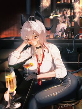 2girls absurdres ahoge bar_(place) black_choker black_gloves black_horns black_pants black_tail blush breasts choker collared_shirt commentary_request cup curled_horns demon_tail drinking_glass female_rover_(wuthering_waves) gloves hair_between_eyes highres holding holding_cup horns large_breasts long_hair looking_at_viewer loose_necktie multicolored_hair multiple_girls necktie pants pov pov_hands red_eyes red_necktie rover_(wuthering_waves) shirt signature solo streaked_hair tacet_discord_(wuthering_waves) tail utim vitreum_dancer_(wuthering_waves) white_shirt wuthering_waves zani_(wuthering_waves)