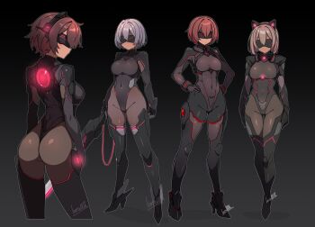 4girls animal_ear_headphones animal_ears artist_name ass batta_16-sei black_background blindfold_mask bodysuit boots breasts brown_hair cat_ears commentary_request corruption covered_eyes covered_navel fake_animal_ears full_body glowing gradient_background grey_hair hands_on_own_hips head-mounted_display headphones high_heels highleg highleg_leotard highres holding holding_sword holding_weapon large_breasts leotard mask medium_breasts medium_hair mind_control multiple_girls neon_trim original outline red_hair short_hair signature skin_tight standing sword weapon
