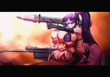 2girls belt bikini bikini_top_only black_shorts breast_rest breasts breasts_on_head commentary crossover curvy eiken elbow_gloves english_commentary explosive fang fingerless_gloves fire flame_print frown gigantic_breasts gloves goggles grenade gun hair_ornament highleg highleg_leotard holding holding_weapon huge_breasts keigi leotard long_hair midriff misono_kirika multiple_girls nail_polish ponytail purple_fire purple_hair red_hair red_nails rifle rocket_launcher scarf shining shiny_skin shorts sidelocks skindentation skull_hair_ornament sniper_rifle swimsuit tengen_toppa_gurren_lagann thighs very_long_hair weapon yoko_littner