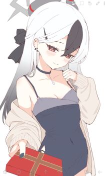 1girl art_program_in_frame bare_shoulders black_bow black_choker black_dress black_hair black_nails blue_archive blush bow breasts brown_cardigan cardigan choker cleavage clenched_hand closed_mouth collarbone commentary covered_navel cowboy_shot demon_girl demon_horns dress ear_piercing earrings gradient_hair grey_halo hair_behind_ear hair_between_eyes hair_bow hair_over_shoulder half_updo halo hand_up highres horns ibispaint_(medium) incoming_gift jewelry kayoko_(blue_archive) kayoko_(dress)_(blue_archive) long_hair multicolored_hair nail_polish official_alternate_costume official_alternate_hairstyle open_cardigan open_clothes piercing simple_background sleeveless sleeveless_dress small_breasts smile solo split_mouth symbol-only_commentary two-tone_hair valentine wa_sumi white_background white_hair