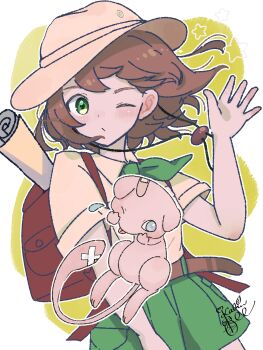 1boy akanbe bandages brown_bag brown_hair brown_hat brown_shirt budding_expeditioner_(pokemon) cowboy_shot eyelid_pull floating_hair gen_1_pokemon green_eyes green_shorts hat highres kabin_(kabin_ichirin) legendary_pokemon medium_hair mew_(pokemon) mythical_pokemon nintendo one_eye_closed pokemon pokemon_(creature) pokemon_tcg pokemon_tcg_pocket rolled_up_paper pith_helmet shirt short_shorts short_sleeves shorts simple_background star_(symbol) tongue tongue_out
