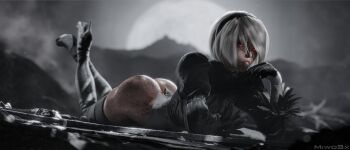 2b_(nier:automata) ass highres lollipop_in_mouth lying miwo3x nier:automata nier_(series) on_stomach red_eyes short_hair white_hair