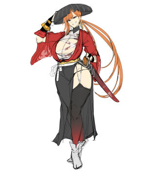 1girl alternate_costume black_panties blood_on_clothes breasts cleavage cleavage_cutout clothing_cutout curvy earrings full_body garter_straps gloves grin hat highres holding holding_unworn_clothes holding_unworn_hat holding_weapon huge_breasts jewelry kamimura_maika kamimura_maika_(future) katana lilith-soft lips long_hair looking_at_viewer micro_panties official_alternate_costume orange_hair panties ponytail samurai sarashi sian simple_background sketch skin_tight smile standing sword taimanin_(series) taimanin_rpgx thong underwear unworn_hat unworn_headwear very_long_hair weapon white_background wide_hips