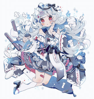 1girl :o absurdres bandaged_arm bandages bandaid bandaid_on_knee bandaid_on_leg bare_shoulders black_bow black_sandals blue_hair blunt_bangs blush bow commentary_request full_body grey_skirt hair_bow highres japanese_clothes kimono kneehighs long_hair long_sleeves looking_at_viewer miniko_0325 okobo open_mouth original platform_sandals red_eyes ribbon-trimmed_sleeves ribbon_trim sandals simple_background skirt socks solo tabi white_background white_kimono white_socks wide_sleeves