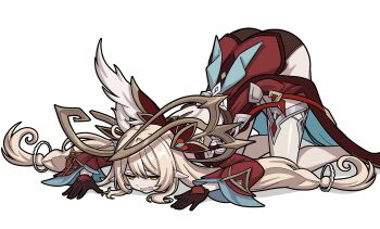 ai-assisted alice_(genshin_impact) ass backless_dress backless_outfit bare_shoulders blonde_hair brown_gloves commentary cowlick detached_sleeves dress elf english_commentary genshin_impact gloves hands_on_ground heart-shaped_gem highres long_hair open_mouth pointy_ears prickly-chan_(ycactussprout) third-party_source top-down_bottom-up