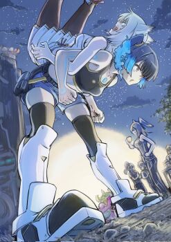 Rule 34 | 3girls, animal ears, black pantyhose, black thighhighs, blue hair, blue shorts, cat ears, cat girl, character request, commentary, dawn, embarrassed, eunie (xenoblade), flexing, head wings, highres, mio (xenoblade), multiple girls, nemimin, night, open mouth, outdoors, pantyhose, pleated skirt, sena (xenoblade), shoes, short hair, short shorts, shorts, skirt, sky, sneakers, star (sky), starry sky, thighhighs, tree, white hair, wings, xenoblade chronicles (series), xenoblade chronicles 3