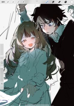 1boy 1girl blush brown_eyes brown_hair catherine_(project_moon) closed_mouth collared_shirt dress hands_up heathcliff_(project_moon) highres jingshenhuanghu limbus_company long_hair open_mouth project_moon purple_eyes shirt simple_background smile sweat white_background white_dress white_shirt