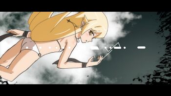 1girl arm_at_side ass bare_arms bare_legs bikini black_border black_ribbon blonde_hair border cloud cloudy_sky cowboy_shot cross cross_necklace curled_fingers dutch_angle expressionless flat_chest flipped_hair from_behind from_below grey_sky hair_between_eyes hair_flaps hand_up jewelry letterboxed light_blush long_hair looking_at_viewer monogatari_(series) necklace o-ring_bikini_bottom orange_eyes oshino_shinobu parted_lips pointy_ears profile ribbon shoulder_blush sidelocks sideways_glance sky solo sonikkusupin splatter_background swimsuit very_long_hair white_bikini wrist_ribbon