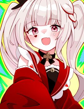 Rule 34 | 1girl, :d, absurdres, black bow, black ribbon, blunt bangs, blush, bow, check translation, choker, detached sleeves, eyebrows hidden by hair, fang, frills, hair ornament, heart, highres, honkai: star rail, honkai (series), japanese clothes, kimono, kzfm7855, long hair, long sleeves, looking at viewer, open mouth, red eyes, red kimono, ribbon, sidelocks, simple background, smile, solo, sparkle (honkai: star rail), sparxie (honkai: star rail), translation request, twintails, upper body, white hair, wide sleeves