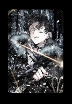 1boy bare_tree black_eyes black_gloves black_hair black_jacket blood blood_on_face chest_belt choker dodging fang fingerless_gloves firefight forest fur_collar gloves hand_up highres injury jacket kim_dokja looking_to_the_side male_focus nature omniscient_reader&#039;s_viewpoint open_mouth rope shirt short_hair snow snowing solo sweatdrop toupou39 tree upper_body white_shirt wind winter worried