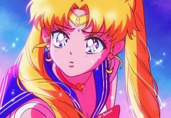 1girl artist_name bishoujo_senshi_sailor_moon blue_background blue_eyes blue_sailor_collar breasts choker circlet cleavage commentary crescent crescent_earrings curtained_hair earrings english_commentary film_grain furrowed_brow gradient_background hair_over_shoulder heart heart_choker jewelry looking_ahead meme parted_bangs parted_lips pink_hair portrait red_choker retro_artstyle sailor_collar sailor_moon sailor_moon_redraw_challenge_(meme) shirt short_sleeves solo sparkle sweat thuminnnoo tsukino_usagi twintails two-tone_background white_shirt
