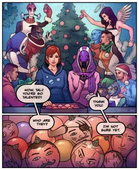 asari asari_(mass_effect) christmas christmas_ornaments christmas_tree comic commander_shepard commander_shepard_(female) edi_(mass_effect) garrus_vakarian geralt_of_rivia iron_bull jack_(mass_effect) james_vega joker_(mass_effect) kasia_nie kasumi_goto liara_t&#039;soni mass_effect_(series) miranda_lawson mordin_solus salarian tali&#039;zorah tumblr turian